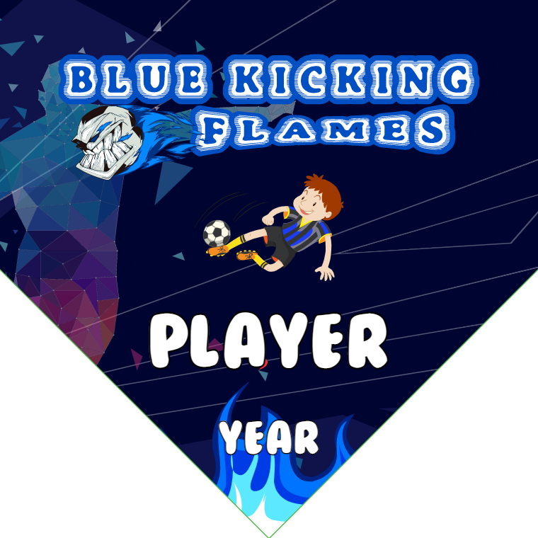 Blue kicking Flames - Homeplate Soccer Pennant